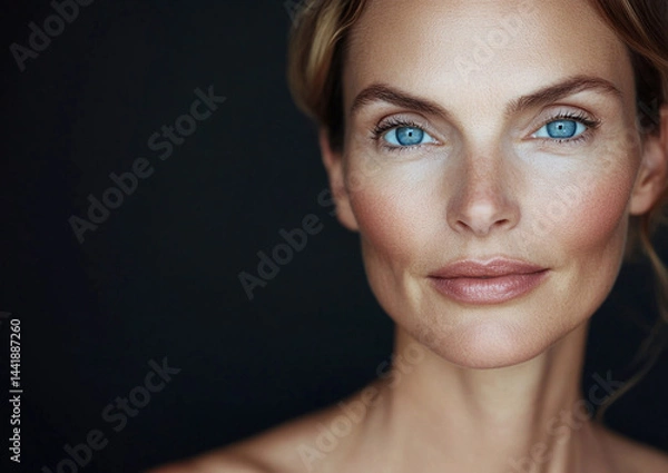 Obraz Beauty photo of natural beauty middle age woman with natural makeup and hairstyle on black background.Macro.AI Generative.