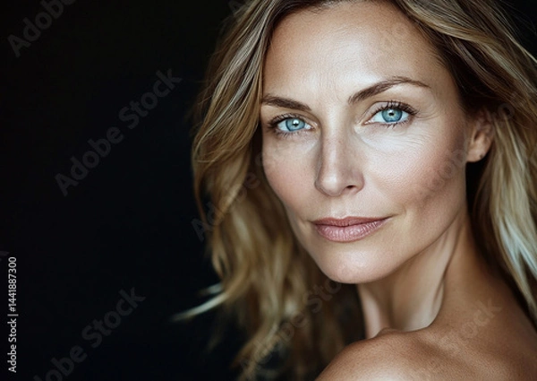 Obraz Beauty photo of natural beauty middle age woman with natural makeup and hairstyle on black background.Macro.AI Generative.