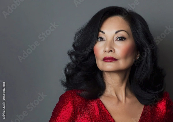 Obraz Middle aged mature brunette gorgeous glamour woman with makeup wearing red dress.Macro.AI Generative.
