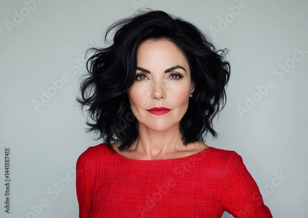 Obraz Middle aged mature brunette gorgeous glamour woman with makeup wearing red dress.Macro.AI Generative.