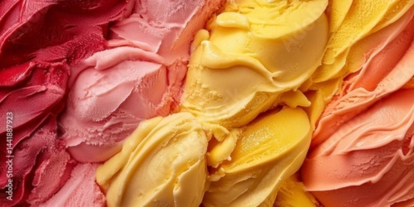 Obraz Italian gelato creamy ice cream close up textured background with various colors and flavores.Macro.AI generative.