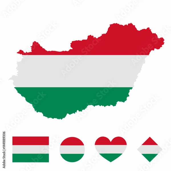 Fototapeta Vector set of Hungary high detailed map flag and national flag round badge isolated on white background.