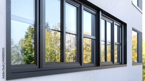 Fototapeta Modern black window frames on a light gray building