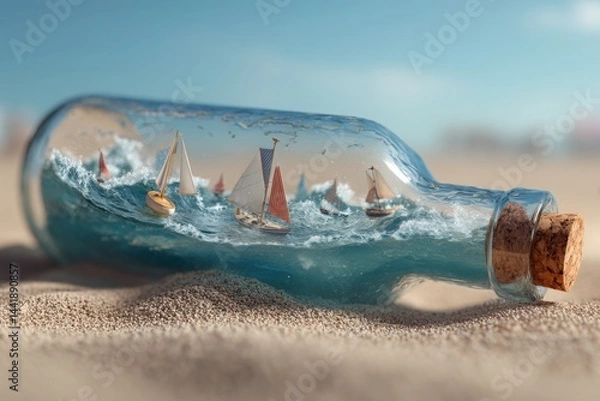 Fototapeta A huge transparent glass bottle lying on a sandy beach with miniature ocean waves and sailboats trapped inside, concept of summer dreams