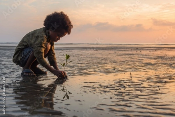 Fototapeta Child planting small mangrove sapling in wet coastal sand at sunset, concept of rebuilding coastal ecosystems