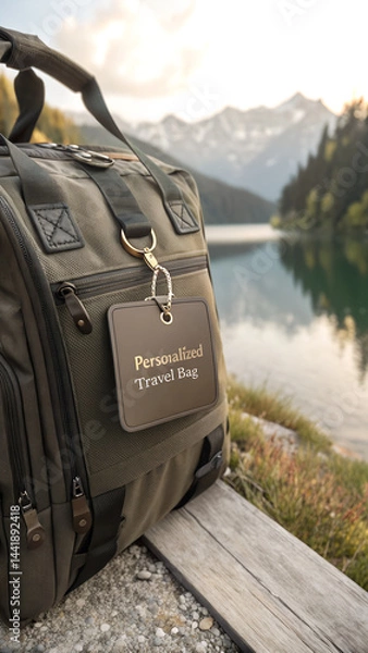 Fototapeta Personalized travel bag with a customized name tag designed as a premium adventure gear set for outdoor enthusiasts and frequent travelers 3D digital