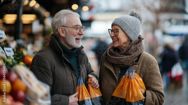 Obraz An elderly couple smiles warmly at each other while holding reusable shopping bags filled with groceries at a bustling market, showcasing their commitment to sustainability