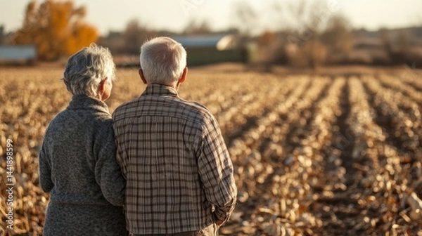 Obraz An elderly couple stands together, gazing at their barren fields devastated by drought. The dry soil and lifeless crops illustrate the harsh realities of climate impact on farming
