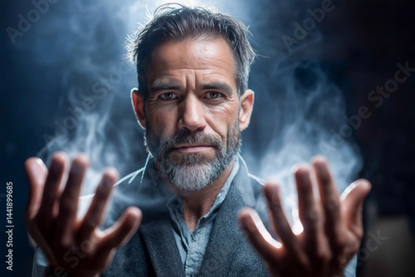 Fototapeta Charismatic magician performs illusion trick on twilight stage with a smoky atmosphere