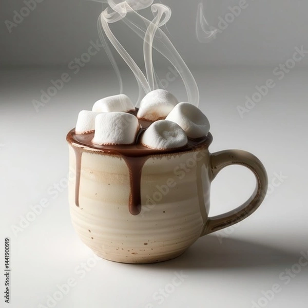Fototapeta Delicious hot chocolate with marshmallows and steam rising.