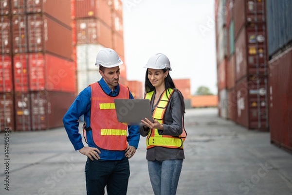 Fototapeta Caucasian man and woman engineer worker use computer notebook working and talking together at container site	