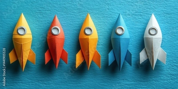 Obraz Colorful paper rockets arranged in a row on a blue background showcasing creativity and craft skills