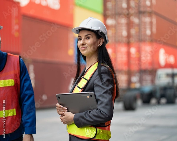 Fototapeta Caucasian woman supervisor engineer worker working with truck at container site	
