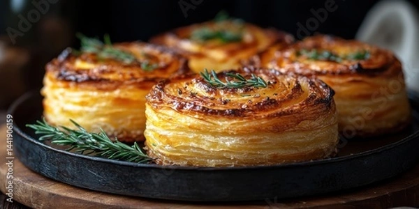Obraz Savory pastry rolls topped with herbs on a rustic wooden platter in a cozy kitchen