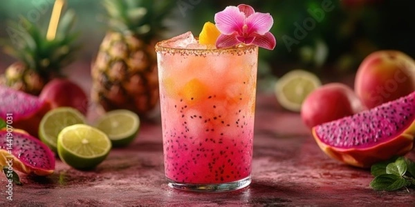 Obraz Refreshing tropical cocktail with colorful fruits and vibrant garnish on a rustic surface