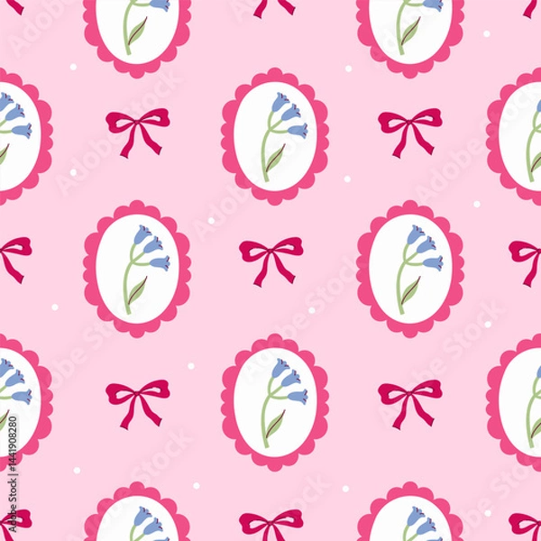 Fototapeta Seamless pattern of bell flowers in oval frames and bows. Vector graphics.