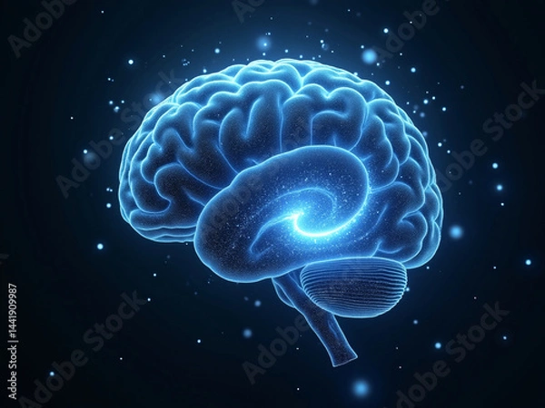 Obraz Brain dissolving into a spiral of neon light particles, symbolizing Parkinson's progression, cold blue and dark silver hues, high detail, deep cosmic background, sci-fi atmosphere.