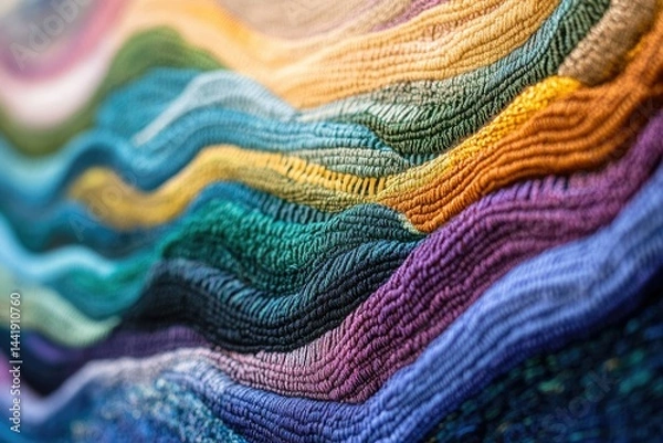 Fototapeta A vibrant textile artwork showcasing a wave-like pattern in a spectrum of colors.