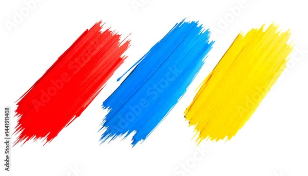 Fototapeta Three bold brush strokes in blue, red, and yellow on a white background.
