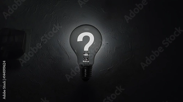 Fototapeta Light Bulb with Question Mark Symbolizing Ideas and Uncertainty in Dark Environment
