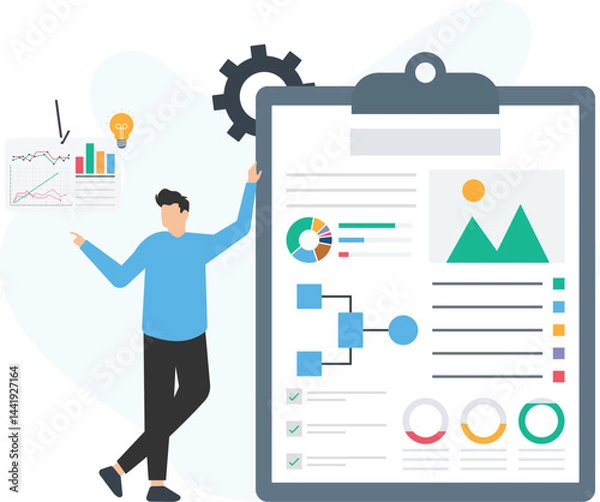 Fototapeta Businessman presenting marketing report with charts, graphs, and data analysis on a clipboard, showcasing key performance indicators and business growth

