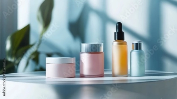 Fototapeta Cosmetic products on table with soft lighting