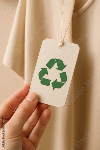Fototapeta A close-up of a hand gently holding a sustainable clothing tag, showcasing a green recycling symbol in a stylish, eco-friendly font.