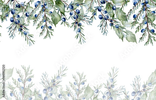 Obraz Watercolor foliage border in sage green with holly leaves and juniper twigs isolated. Elegant botanical greenery texture for banners, templates, and invitations. Soft pastel vines repeated background.