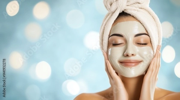 Obraz Enjoying a relaxing spa day with a green clay mask and a towel wrap in a soothing atmosphere with soft lights