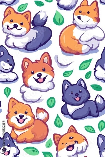 Fototapeta A flat style seamless pattern of Pomeranians, isolate on white background, arranged playfully and dynamically.