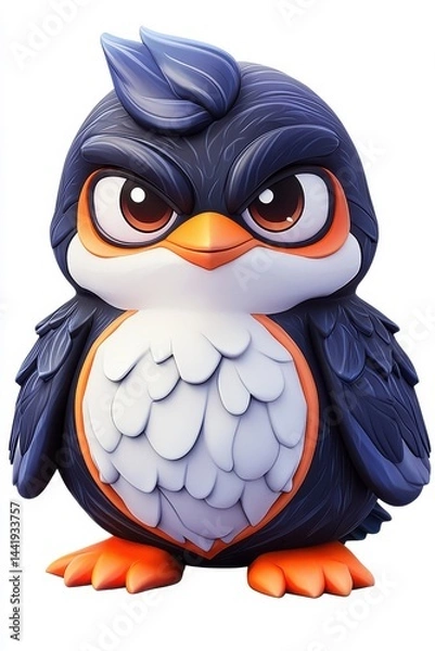 Fototapeta A 3D cartoon penguin character, isolate on white background, with big eyes and exaggerated features.