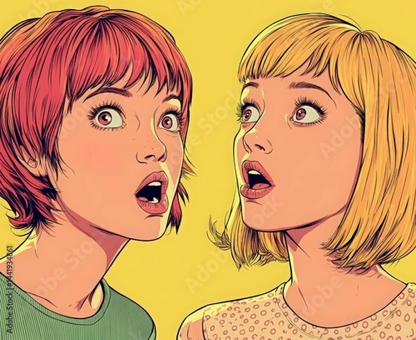 Fototapeta comic book-style vector of two women with red and blonde hair on yellow background. retro pop art illustration with flat colors and expressive faces