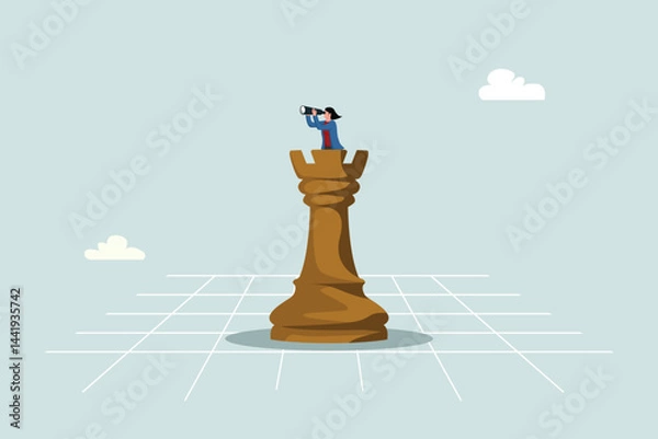 Fototapeta Success strategy, future plan to win business competition, leadership vision or seeking opportunities, competitor analysis concept, Businesswoman standing on chess rook with binoculars.