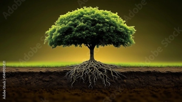 Obraz Strong tree with deep roots growing in rich soil under a golden sky at twilight