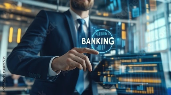 Fototapeta Interactive banking technology enhances financial services in modern offices during the digital era