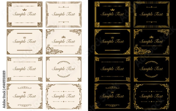 Fototapeta 装飾的なラベルフレーム。華やかなオーナメント、装飾的なヴィンテージフレーム、レトロバッジ、ロイヤル、ウェディングの記章、セールステッカー、招待状、金色のベクターフレームセット04