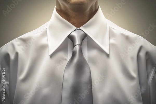 Obraz Stylish man wears white dress shirt with silver tie for formal business event in well-lit setting
