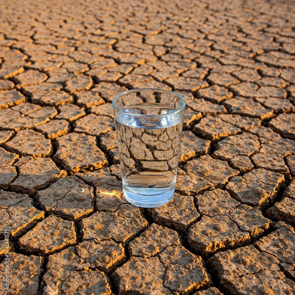 Fototapeta a glass of water on cracked earth