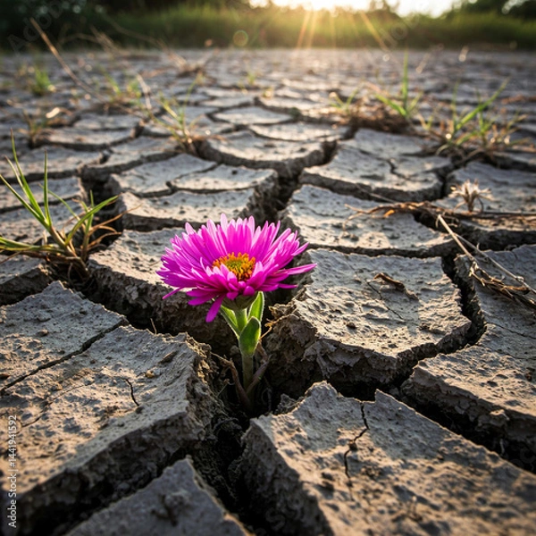 Fototapeta a flower breaks through the cracked earth