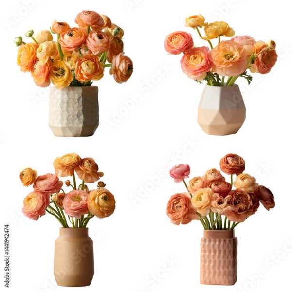 Obraz Vase Ranunculus Peach Gold Front View
