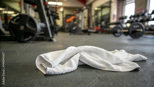 Fototapeta A crumpled white towel lies abandoned on a grey rubber gym floor. surrounded by exercise machines and weights. against a blurred out of focus background.