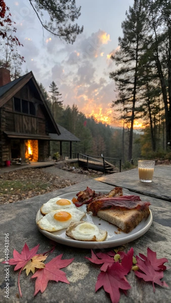 Fototapeta Rustic cabin breakfast with eggs. bacon. and toast served outdoors on a stone table. with campfire in a serene forest setting during a cozy fall morning.