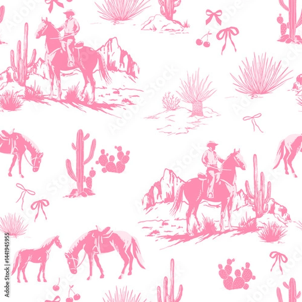 Fototapeta Seamless vector pattern Rodeo Cowboys , a desert landscape with cacti, pink bows, and cherries a design for fabrics and prints in the Wild West style