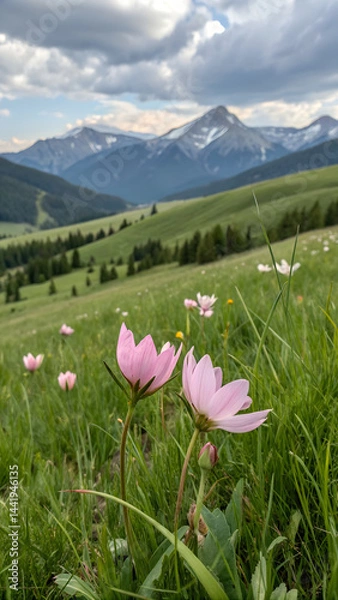 Fototapeta Delicate pink petals of the official Montana state flower. Bitterroot. bloom in a lush green meadow surrounded by rolling hills and majestic mountain peaks.