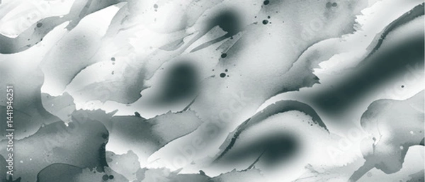 Fototapeta Abstract grayscale background with flowing, marbled ink textures and fluid. Soft gradients, washes, and subtle splatters, resembling watercolor or ink design. Grey Marble Stone Texture. 
