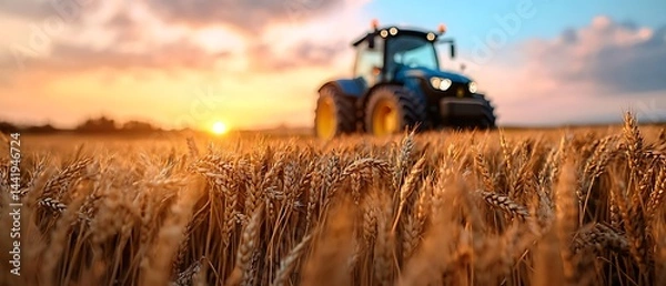 Fototapeta Golden wheat field at sunset with tractor