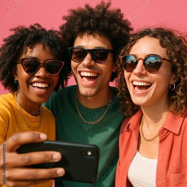 Fototapeta Three friends with curly hair and stylish sunglasses standing in front of a vibrant pink wall, smiling and having fun while taking a selfie with a phone.