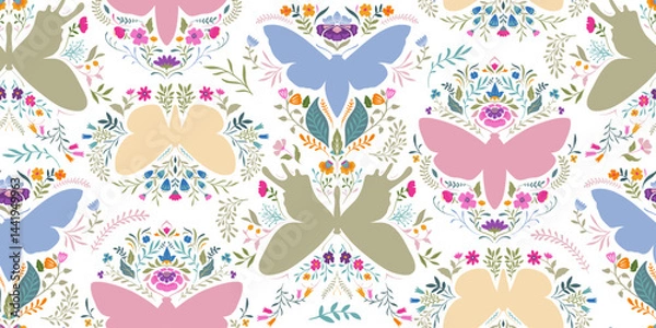 Fototapeta Vector seamless pattern with butterflies and flowers. Folk art floral natural endless background.