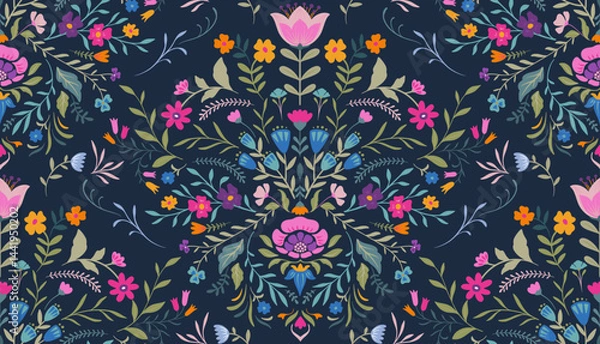 Fototapeta Vector seamless pattern with ornate insects, beetles, butterflies. Folk art floral natural endless background.