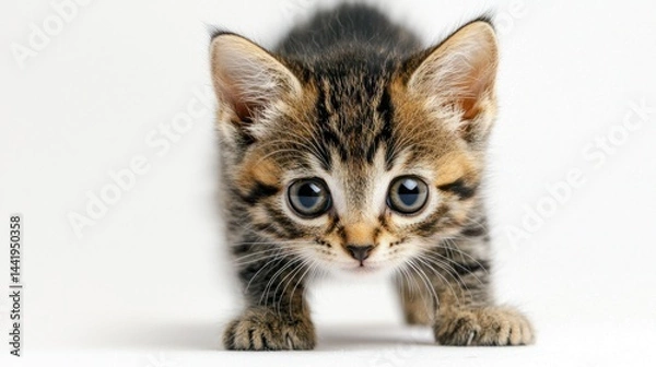 Fototapeta A tabby kitten standing on all fours, looking curiously, on a white backdrop
